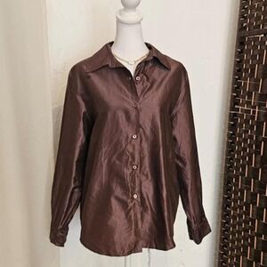 Valerie Stevens Petites Pure Silk Brown Top V-neck Long Sleeves Size 8P